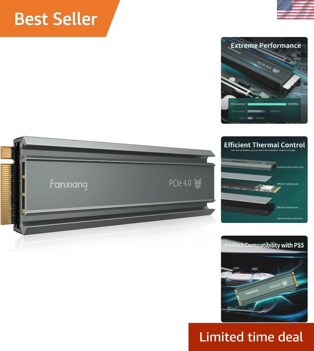 S660 PCIe 4.0 1TB NVMe M.2 SSD for PS5 with Heatsink, Up to 5000MB/s, Interna...