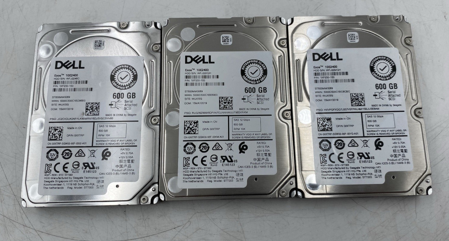 LOT OF 3 Dell Exos 10E2400 ST600MM0069 600GB SAS 12Gbps 2.5” 10k RPM HDD
