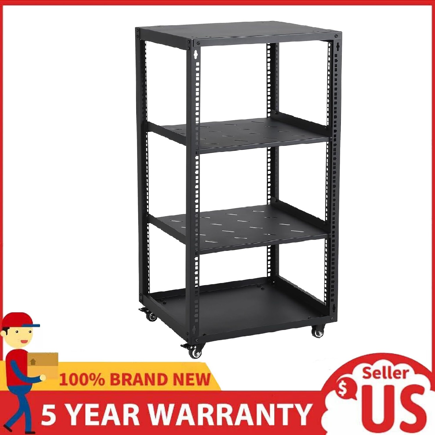 15U Heavy Duty Open Frame Server & Network Rack for IT & AV Cabinet with Casters