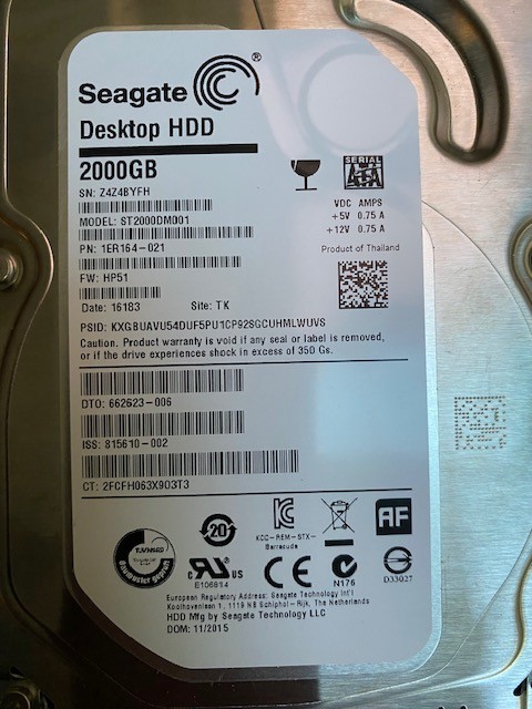 Seagate Desktop HDD 2TB ST2000DM001 PN: 1ER164-021 FW: HP51 3.5" SATA