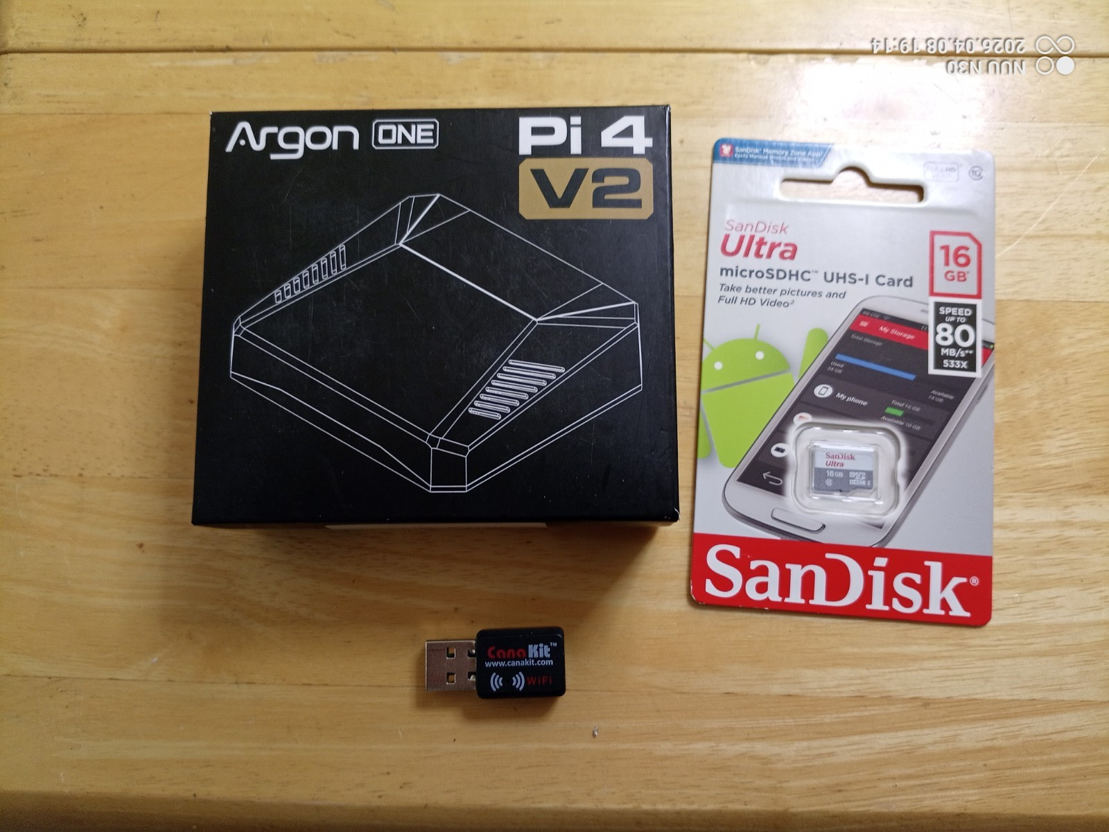 Argon 1 V2 Pi4 Fan case w/ ScanDisk 16Gb microSD, USB wireless adapt