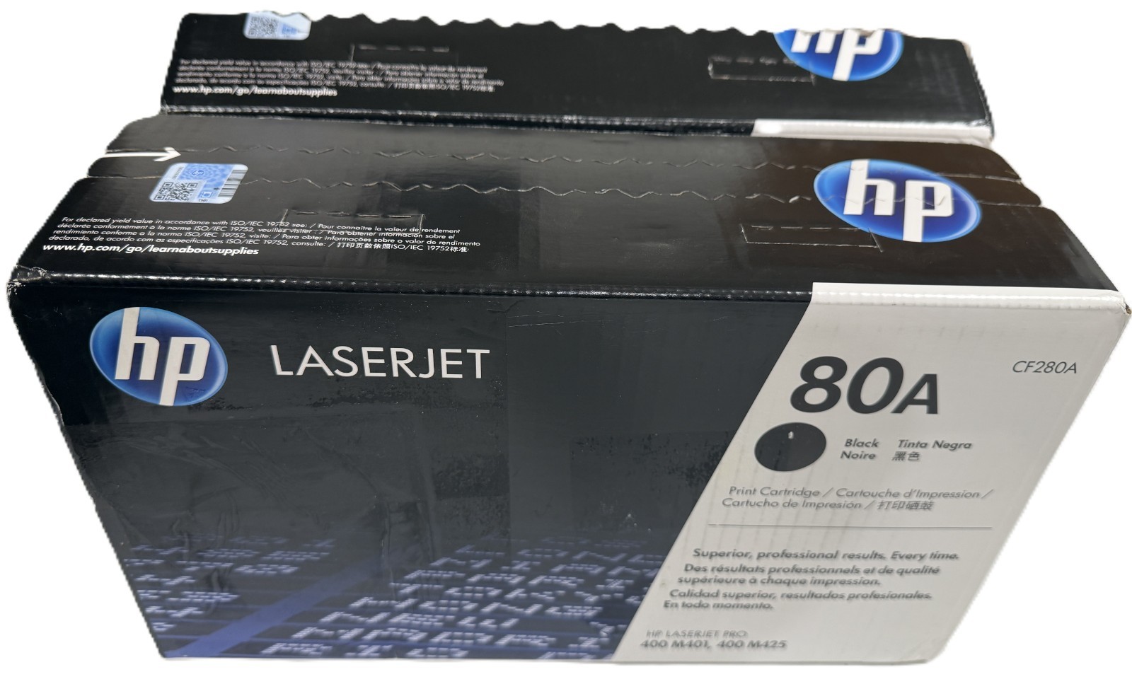 Two HP 80A (CF280A) Toner Cartridges. Both: new one sealed one opened but unused