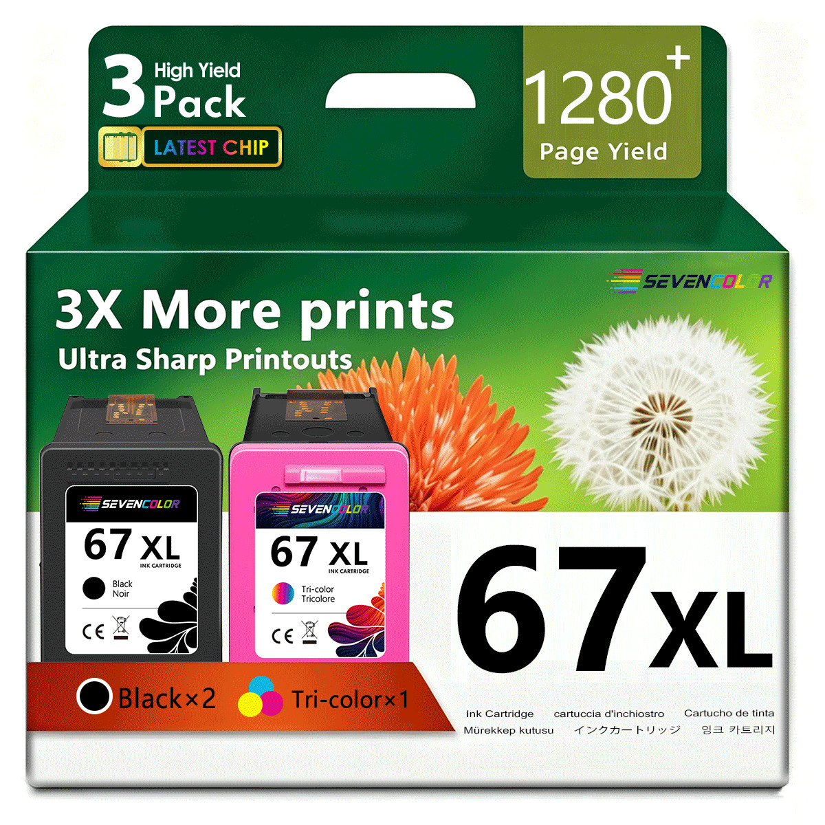 67XL High-Yield Ink Cartridges Combo Pack | 3-Pack, 2 Black / 1 Tri-Color