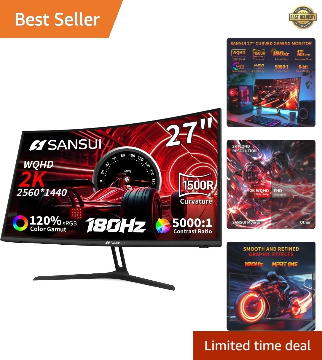 Experience Immersive Gaming with 27-Inch Curved QHD Monitor - 5000:1 Contrast