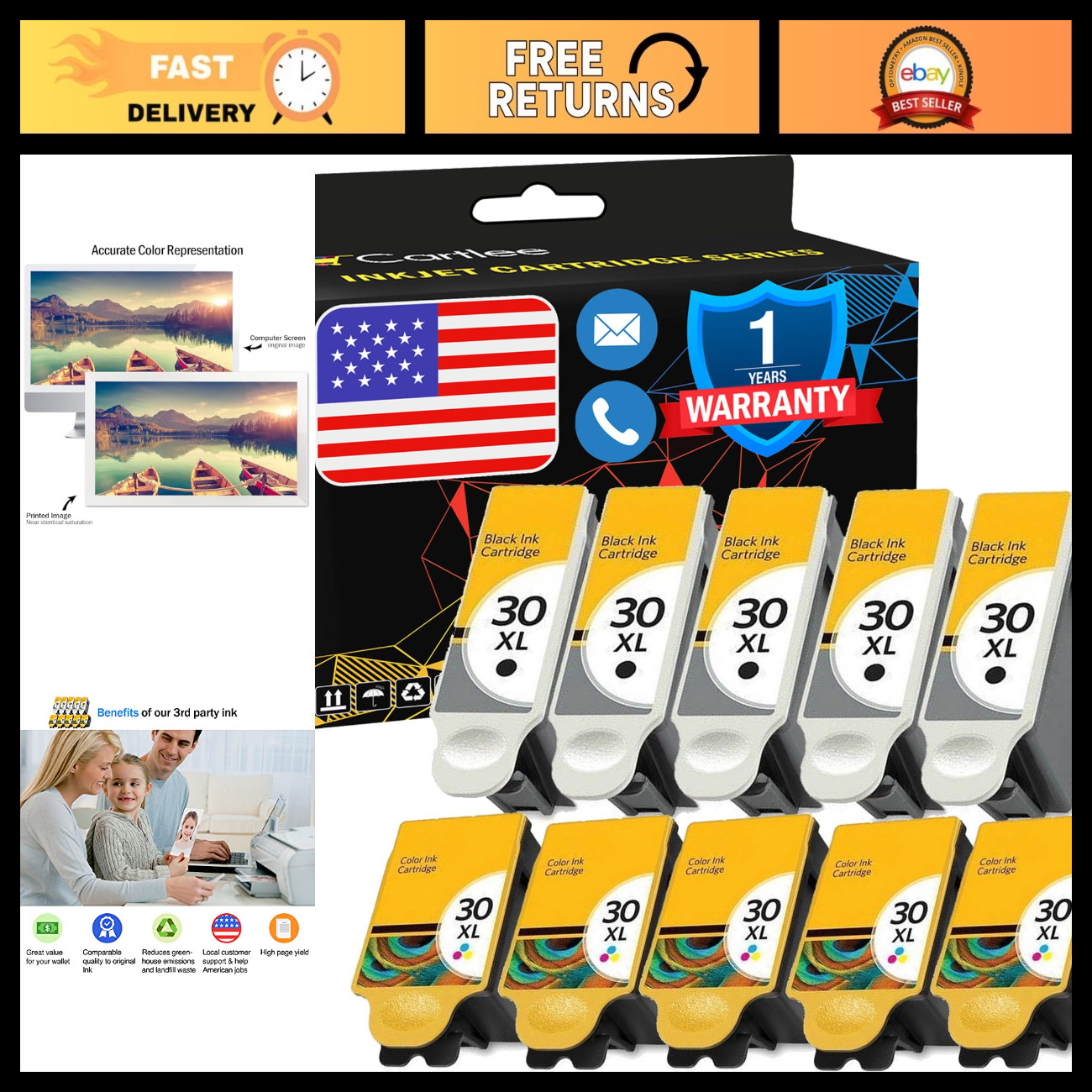 10 Pack Compatible Ink Cartridges for Kodak 30XL - Hero 3.1, 5.1, ESP C110, Offi