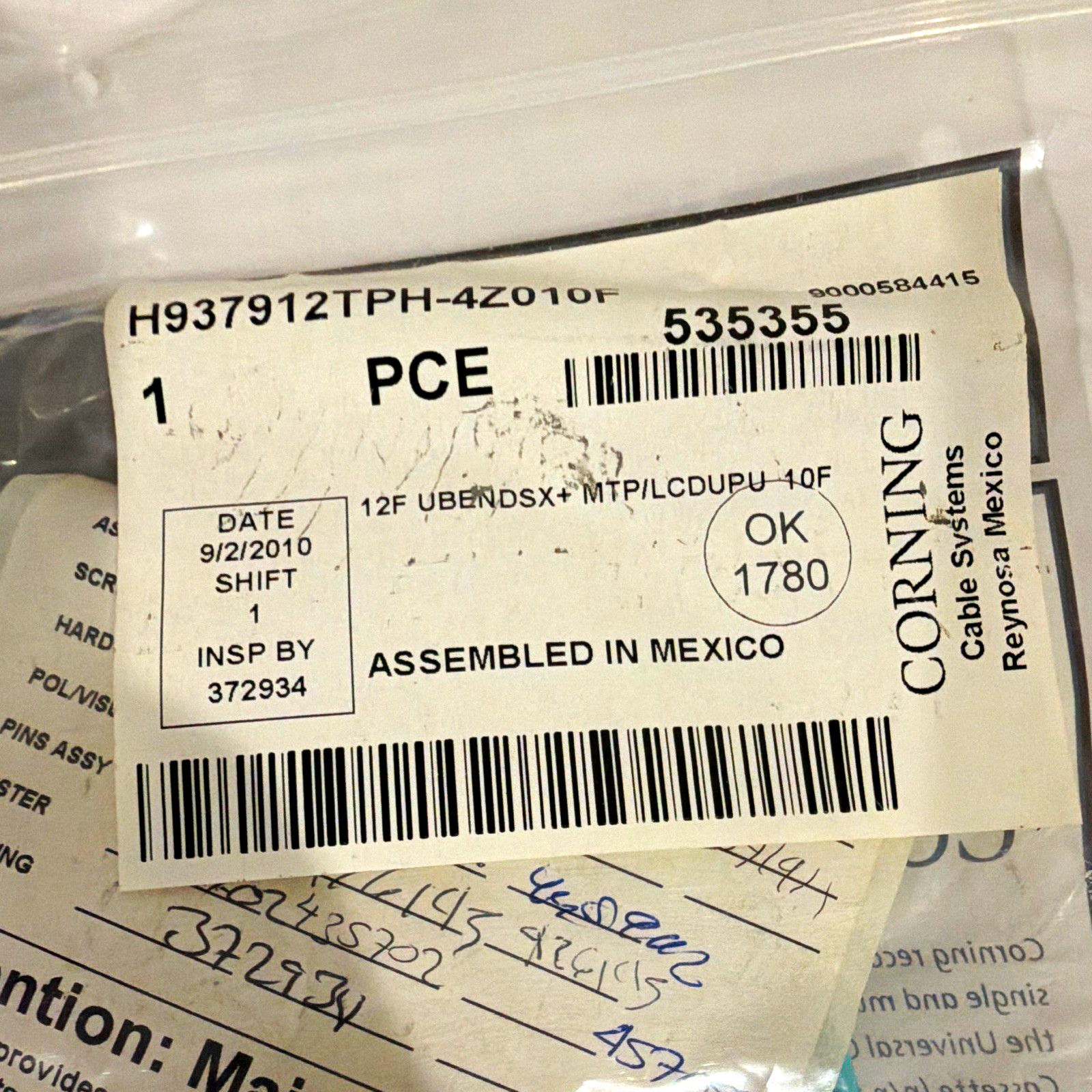 Corning H937912TPH-4Z010F 10ft MTP to LC Duplex Optical Fiber Cable Aqua