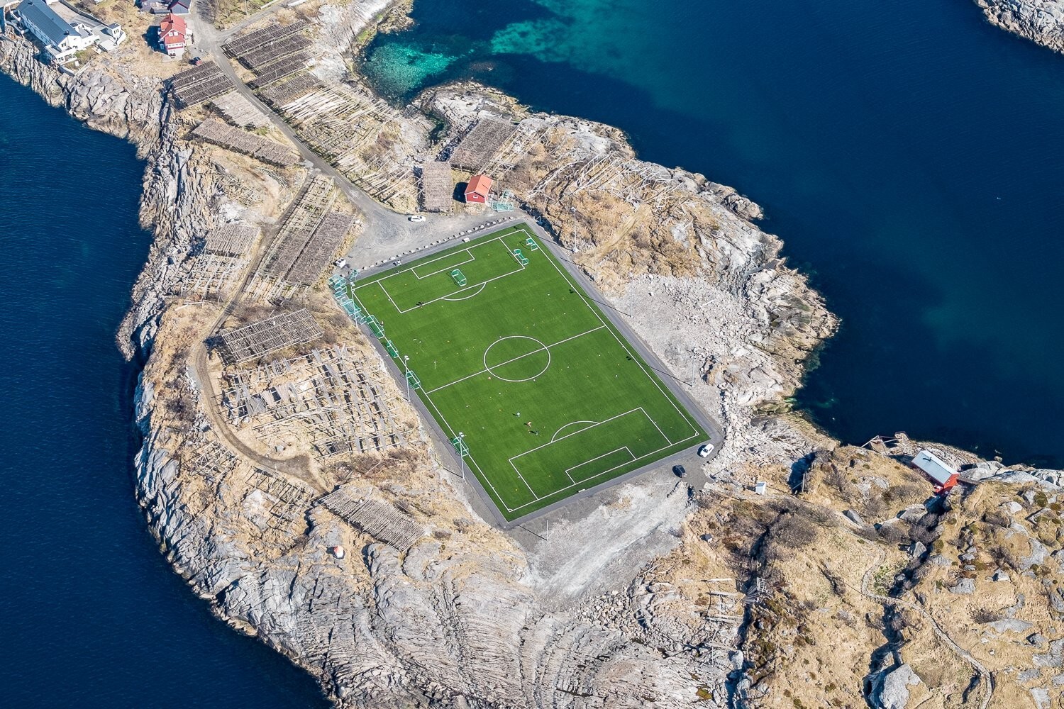 Landscape field soccer pitches sea lofoten norway aerial Custom Gaming Mat Desk