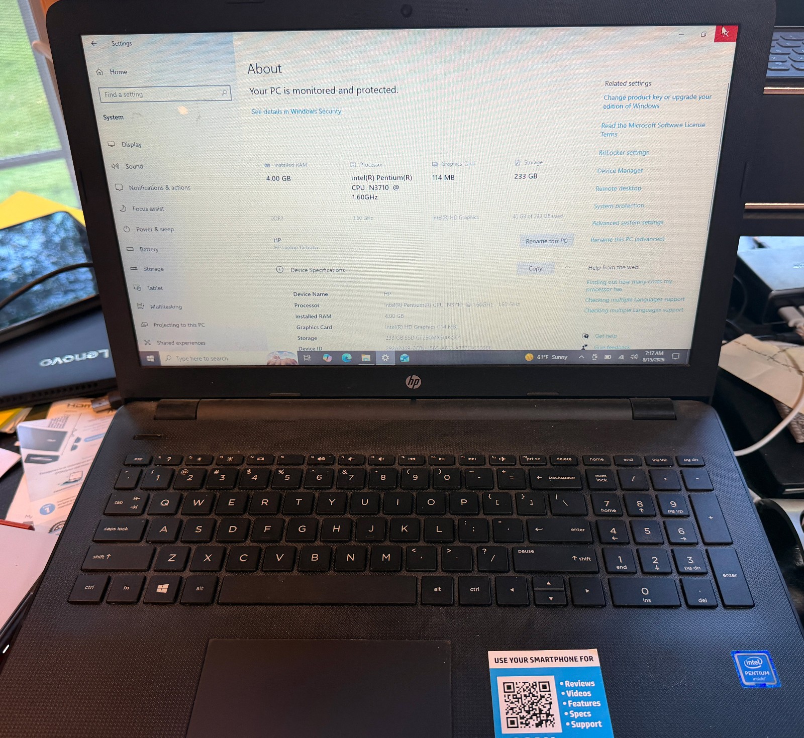 HP Laptop 15-BS020WM 15.6" Pentium N3710 1.6GHz 4GB RAM 250GB HDD