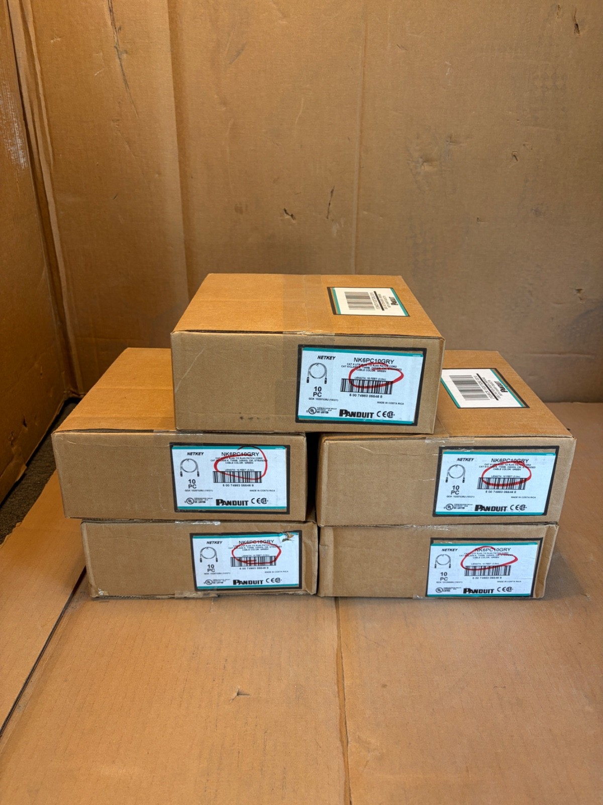 Lot of 5 10PC Panduit NetKey NK6PC10BUY GRY Cat 6 UTP RJ45 10' Green Patch Cords