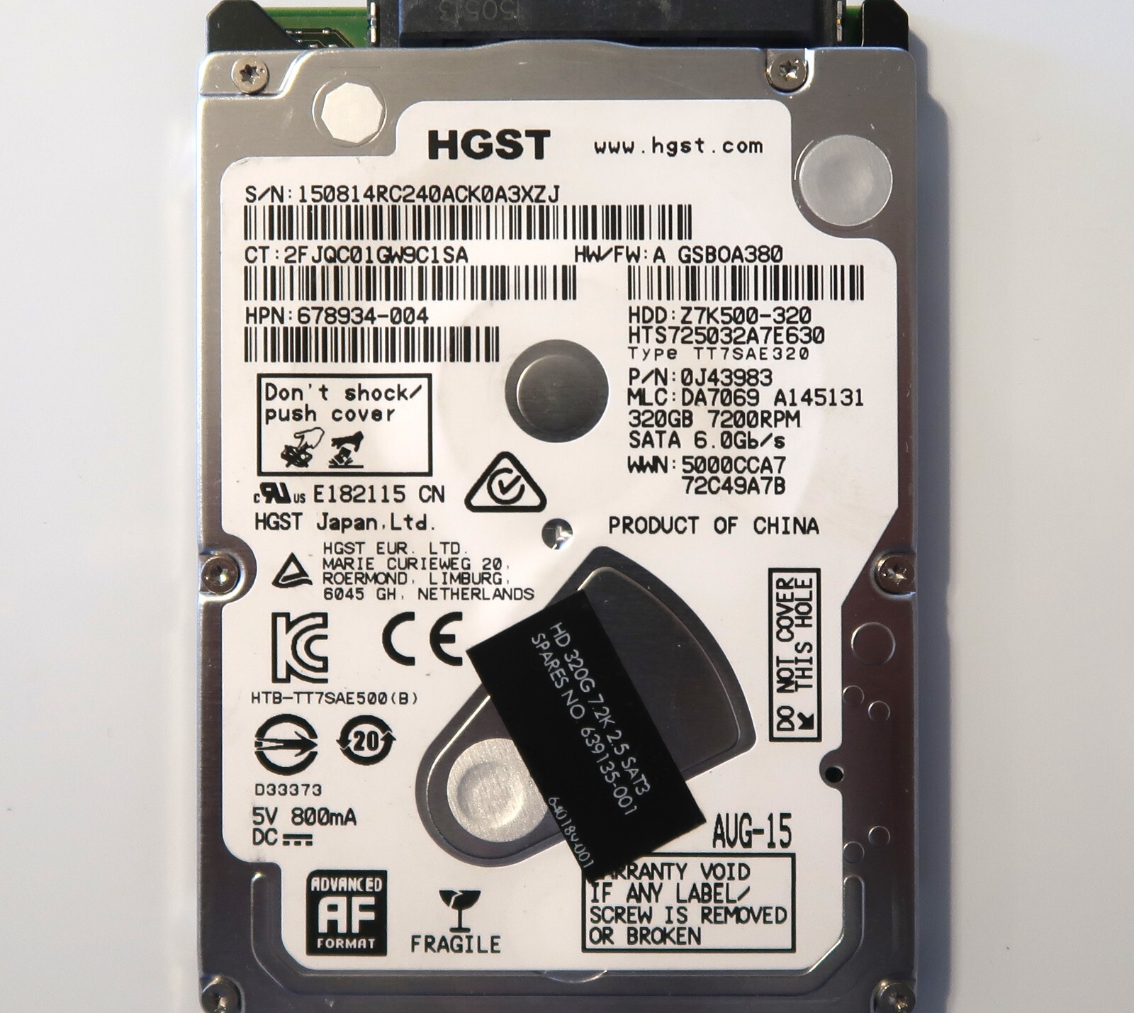Hitachi HTS725032A7E630 0J43983 DA7069 (1508) China 2.5" 320gb Sata AUG-15