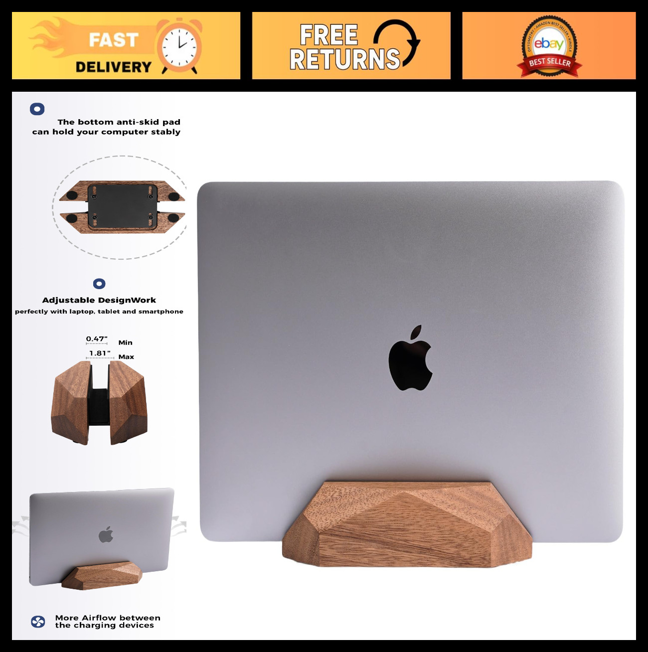 Adjustable Vertical Laptop Stand - Wooden MacBook Holder, Fits All Laptops, Desk