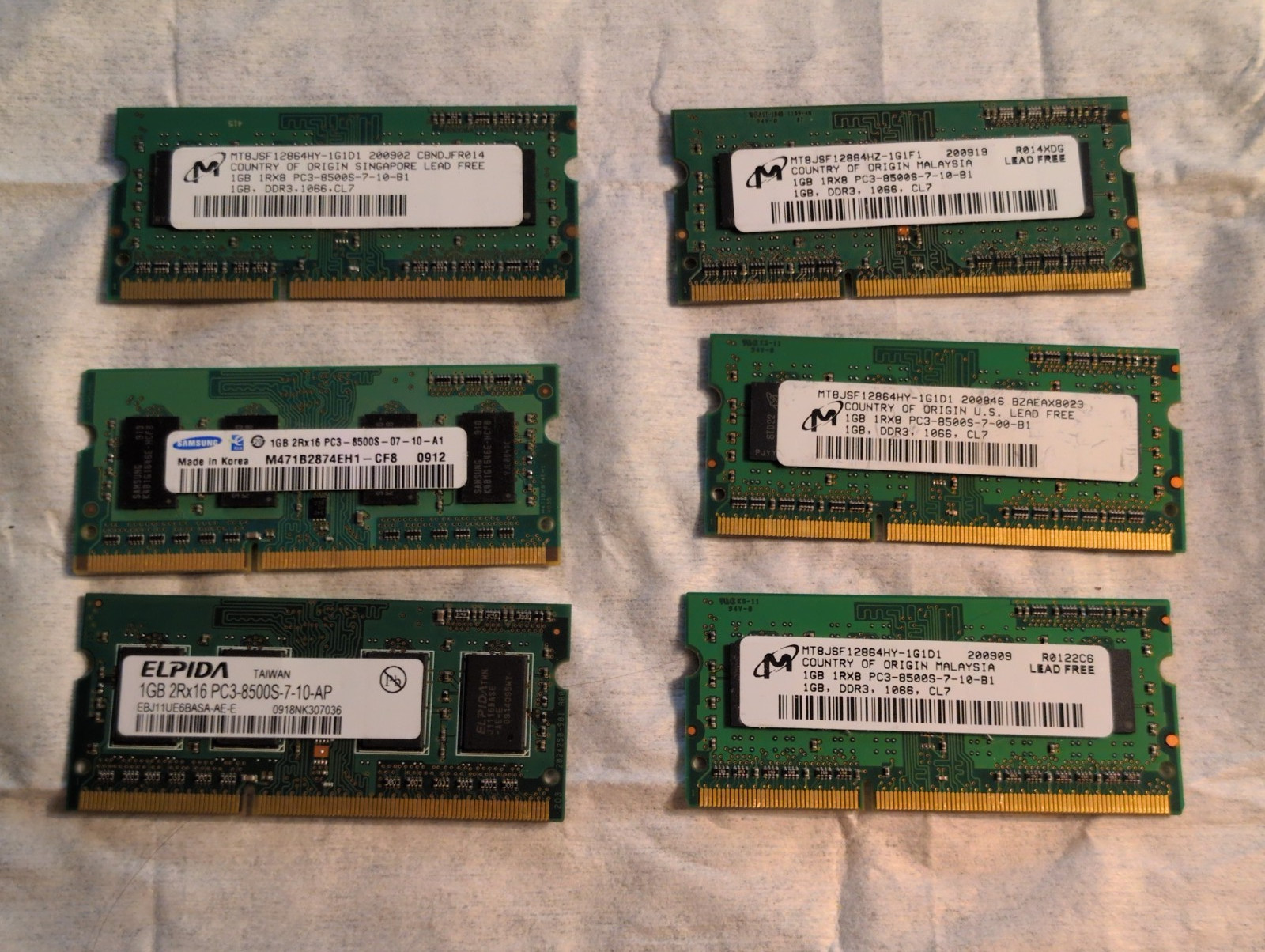 lot of 6 verious mfg 1GB DDR3 PC3-8500 (6-1gb = 6gb) laptop memory 