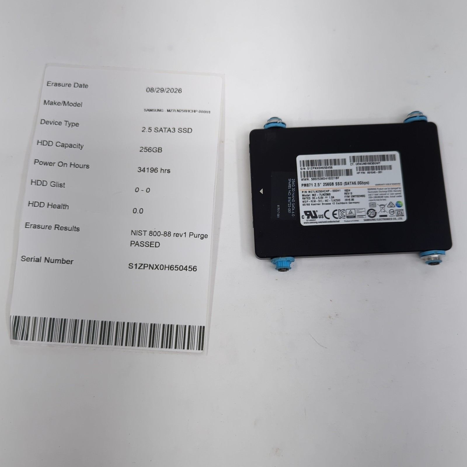Samsung Solid State Hard Drive PM871 256GB 2.5" SATA III SSD PM871 Tested Wiped
