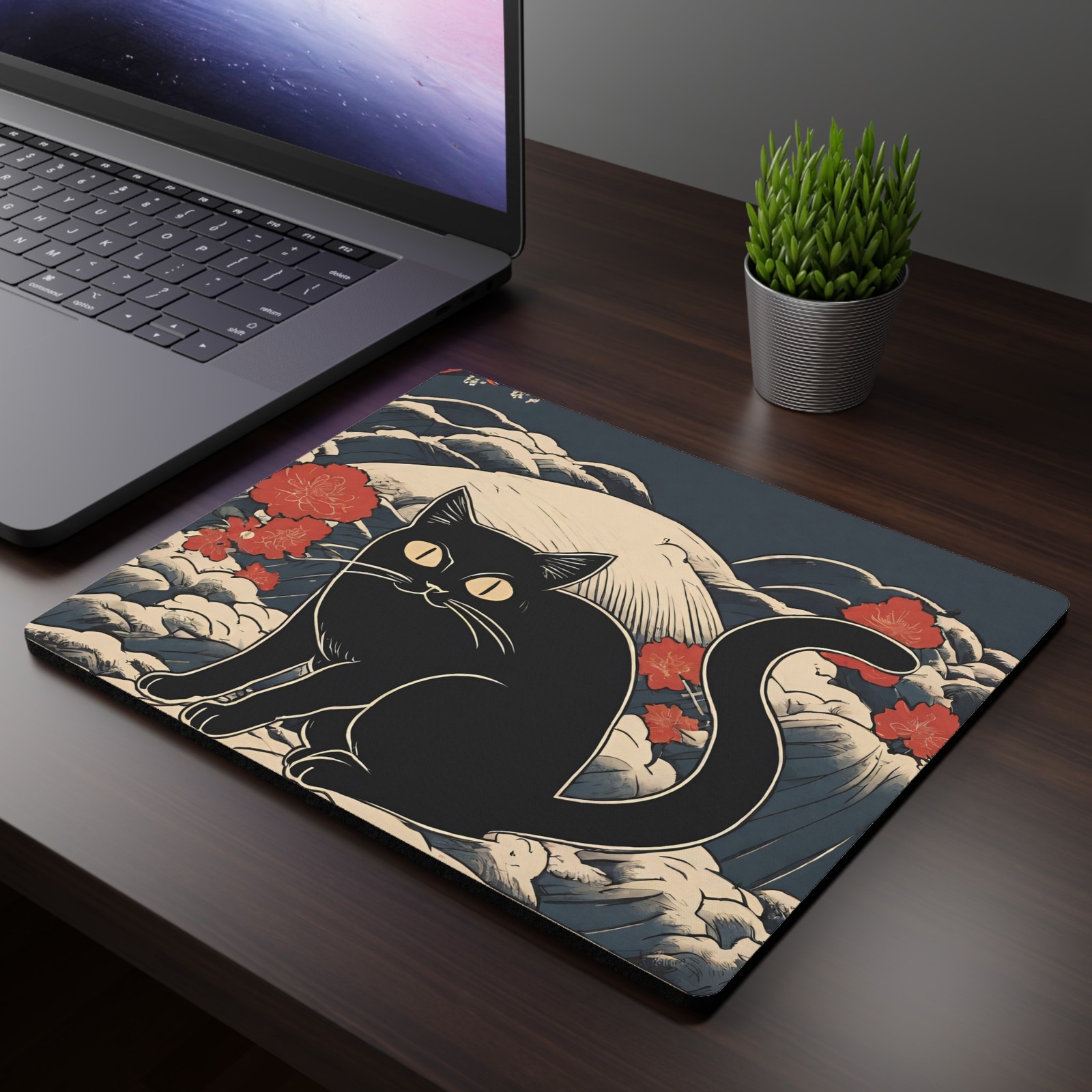 Funny Black Cat japanese art Mouse Pad, Cat Ukiyo-e style painting desk mat