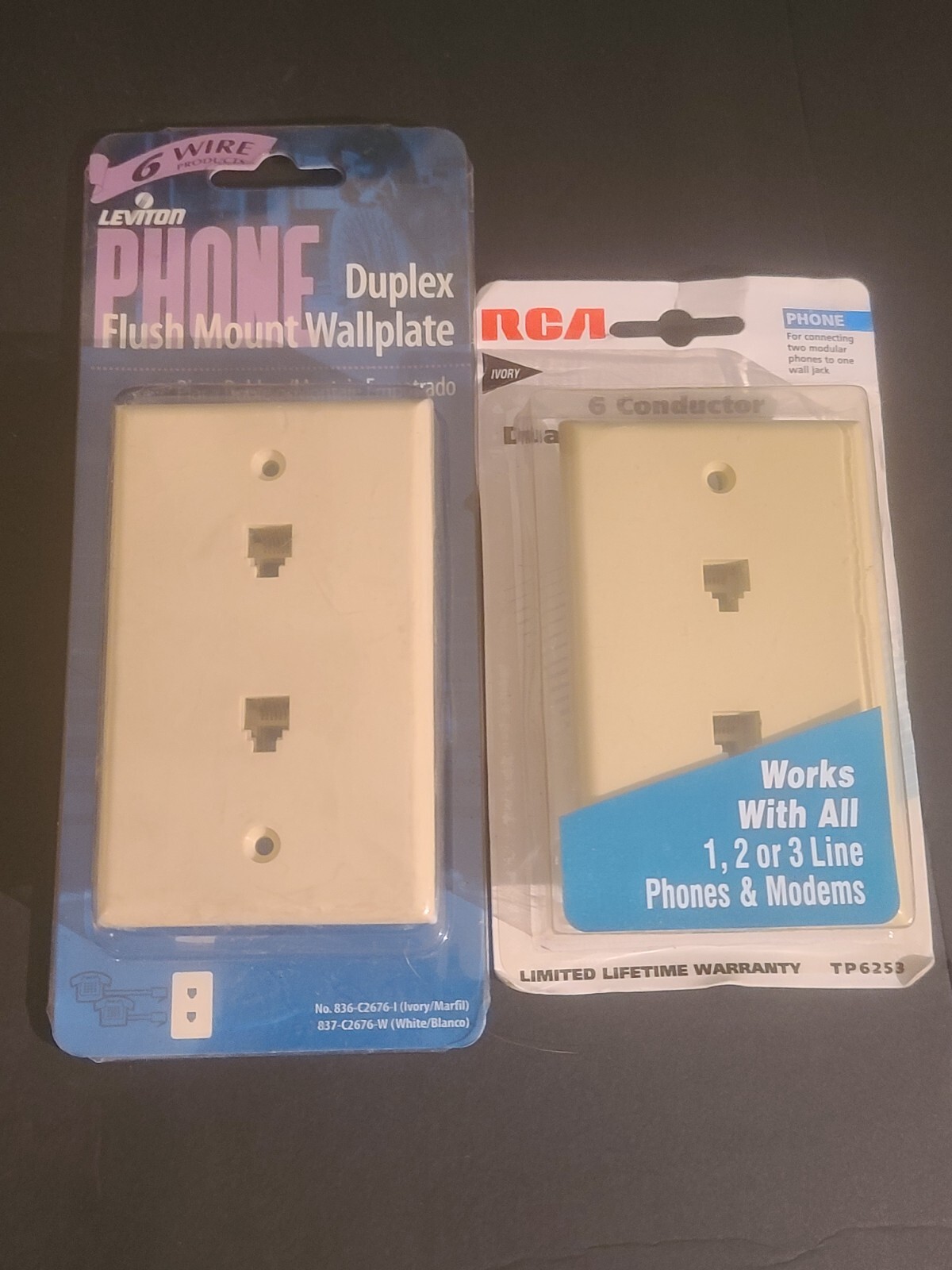 (LOT OF 2) Leviton & RCA Phone Jack 6-Wire Duplex Flush Mount Wallplate Ivory