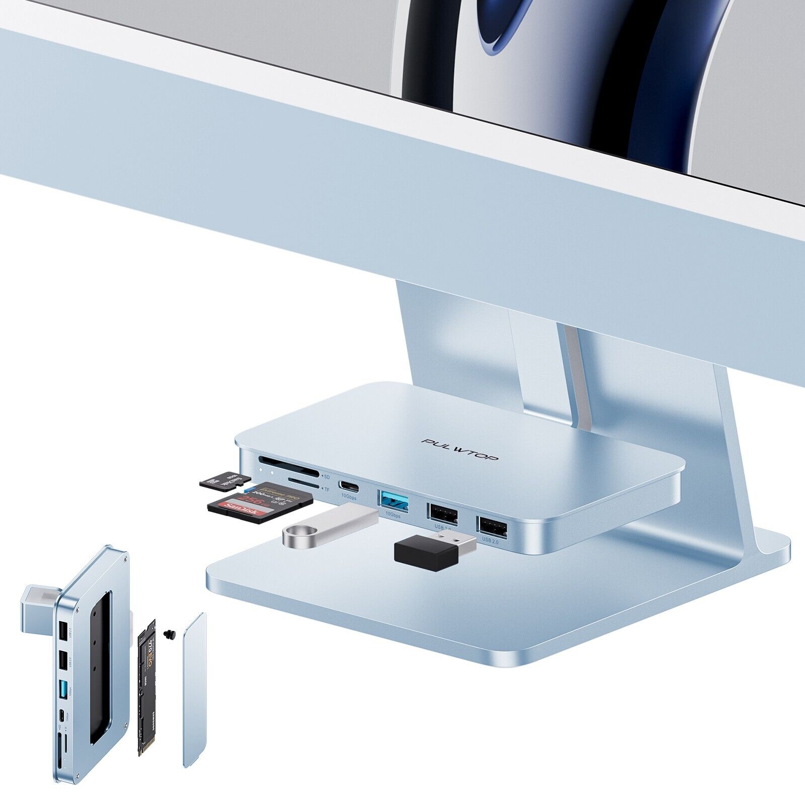 PULWTOP USB C HUB for iMac 24 inch 2021,7-in-1 iMac Hub,M.2 10G NVME SATA CASE