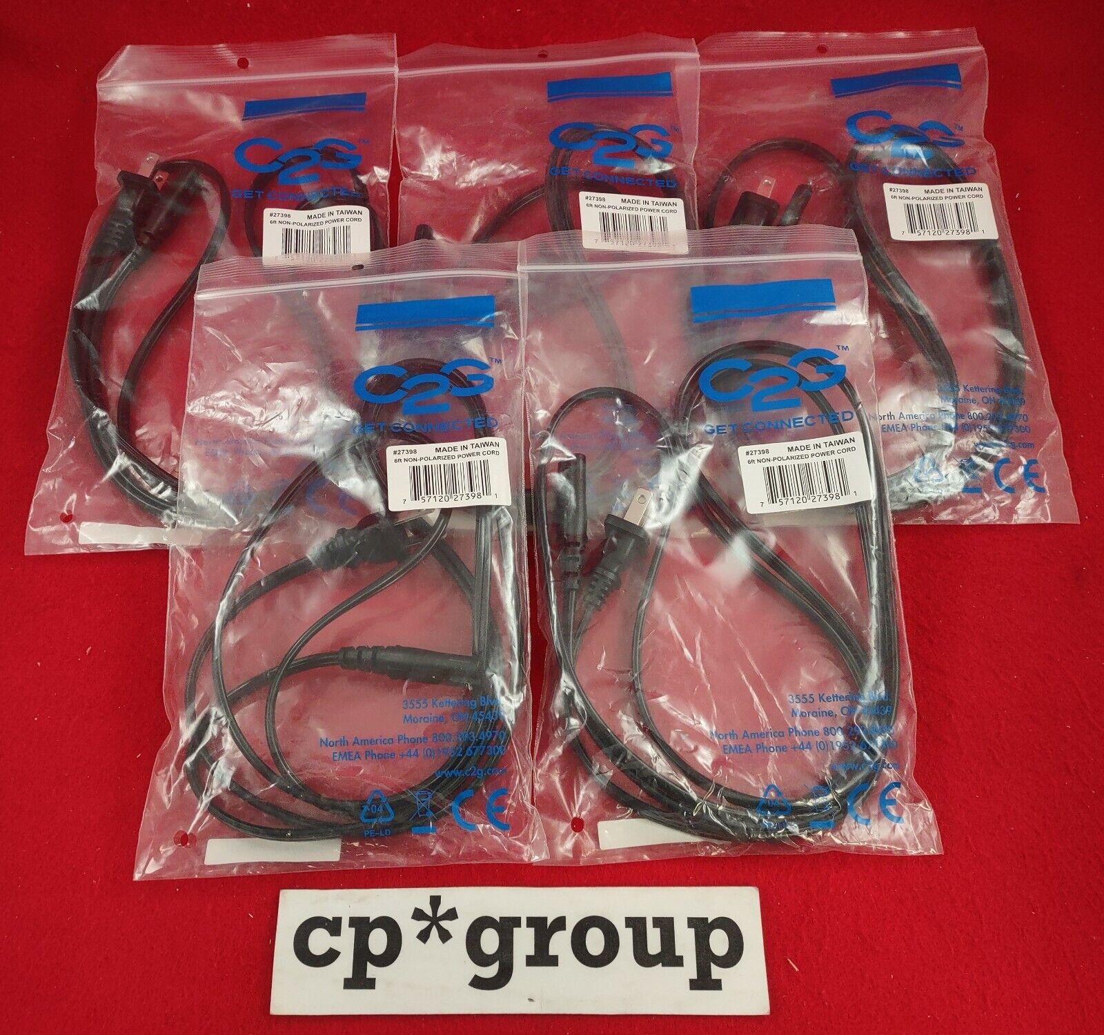 NEW LOT OF 5 C2G 6ft Non-Polarized Power Cords 27398