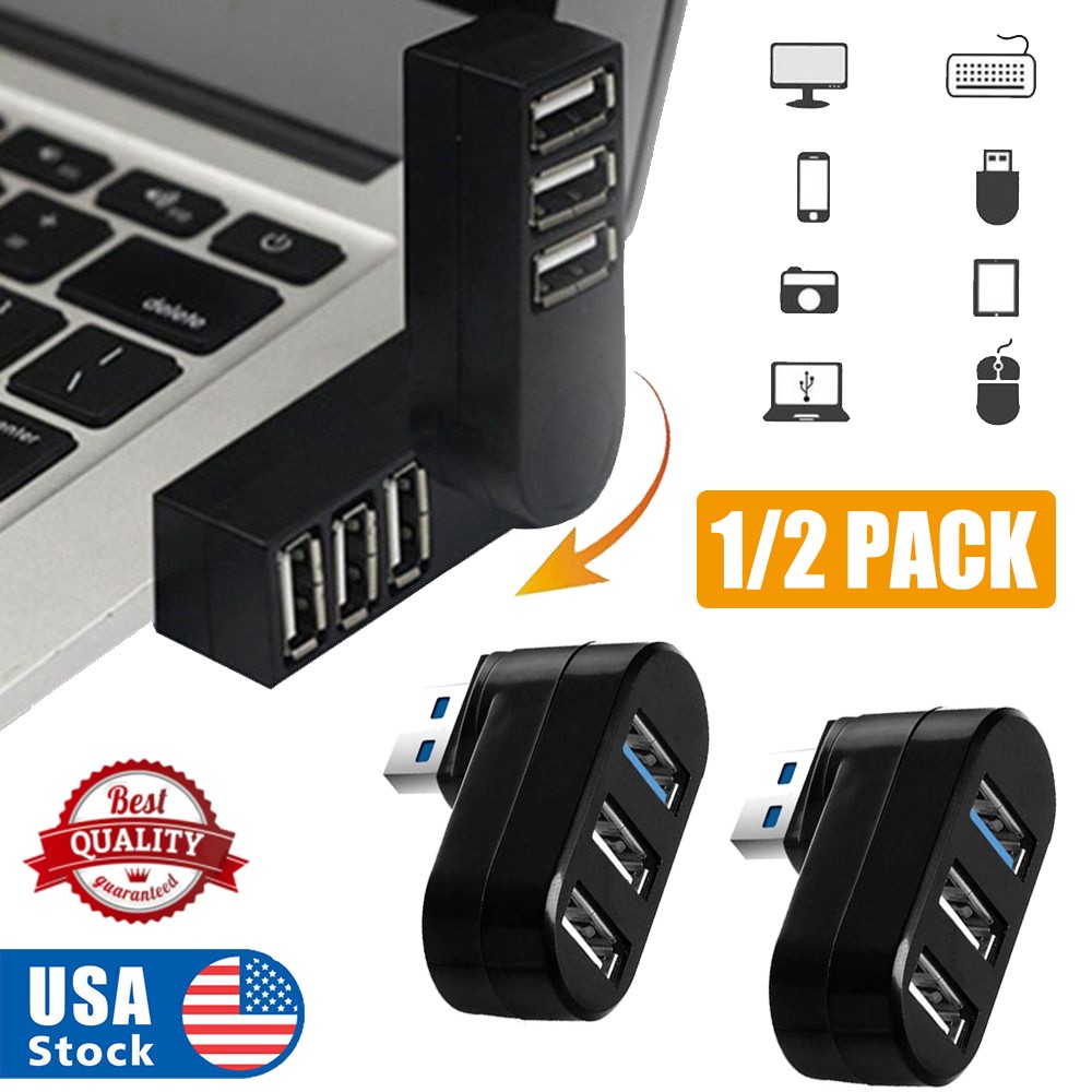 1/2x 3-Port USB Hub [90°/180° Degree Rotatable] USB Splitter Expander Multiport