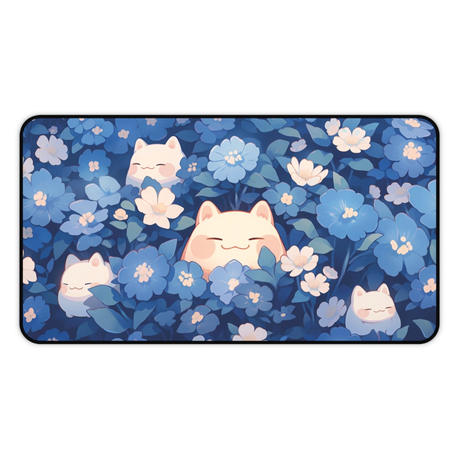 Kawaii Cats in Blue Garden Desk Mat, Large Mouse Pad Non-Slip Gaming Decor