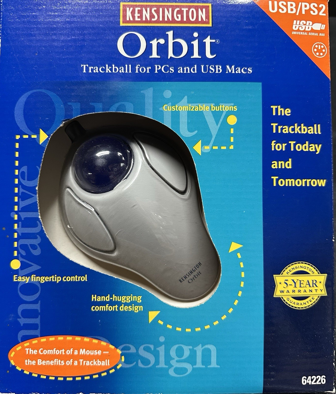 Kensington Orbit Trackball Mouse (with USB to PS/2 adapter and manual) Brand New