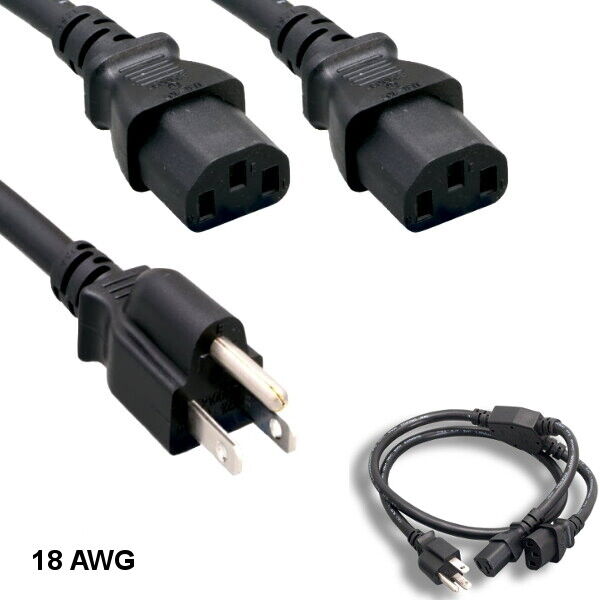 10PCS 3' Black Power Splitter Cord NEMA5-15P to 2x IEC-60320 C13 18 AWG 10A/125V