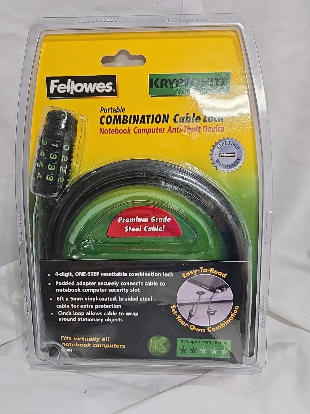 Brand new Fellowes Kryptonite Portable Notebook Computer Combination Cable Lock
