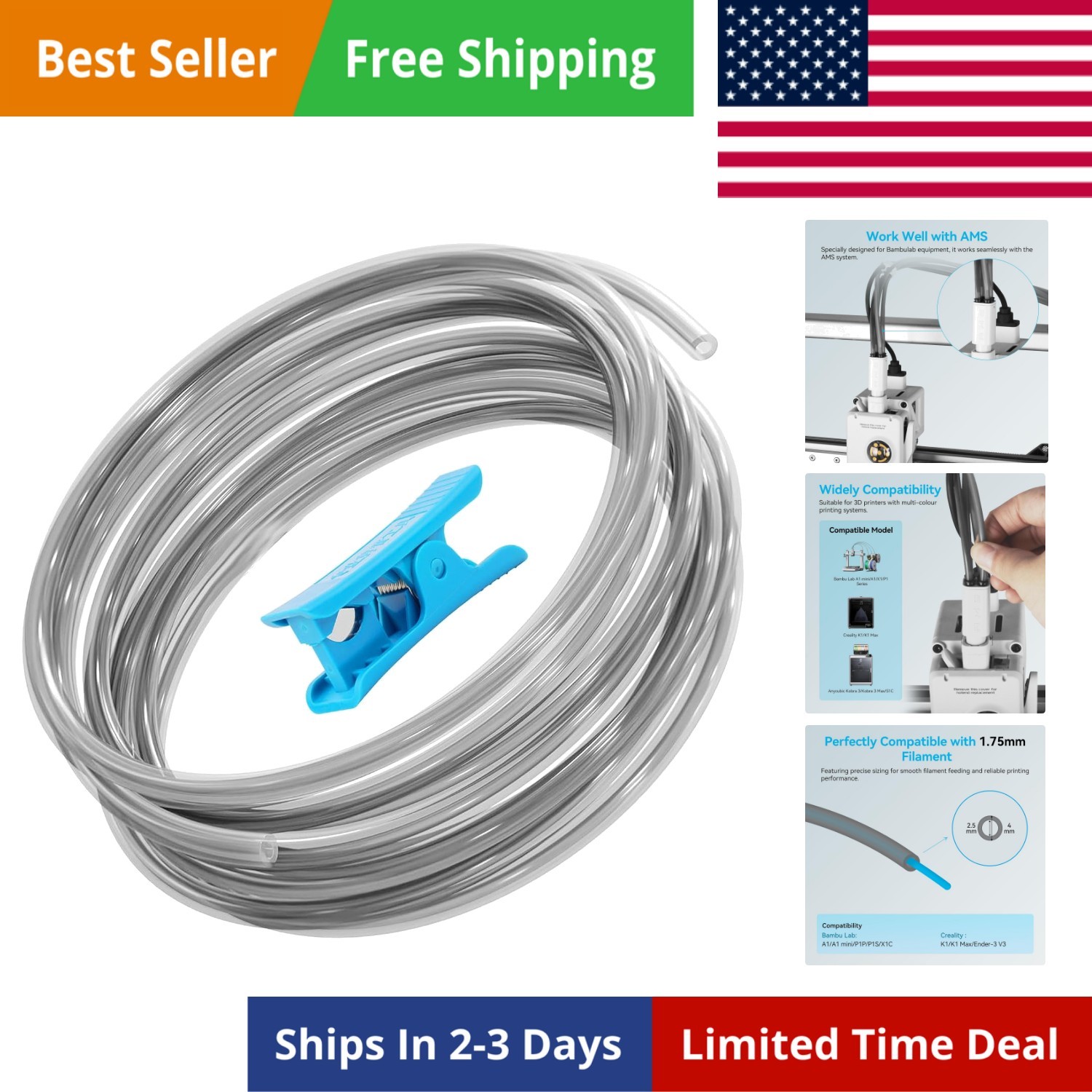 Ultra-Smooth PTFE Tube for 1.75mm filament with Cutter for Extruder,2.5mm IDx...