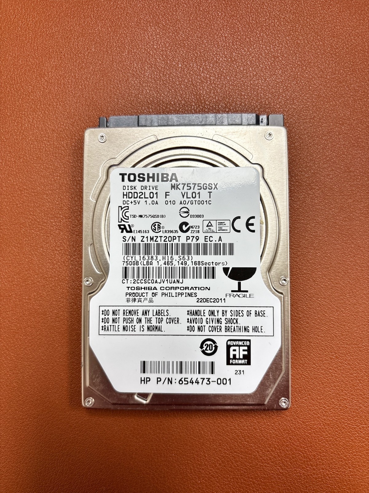 Toshiba MK7575GSX 750GB 2.5" SATA 5,400 RPM HDD - Tested Working