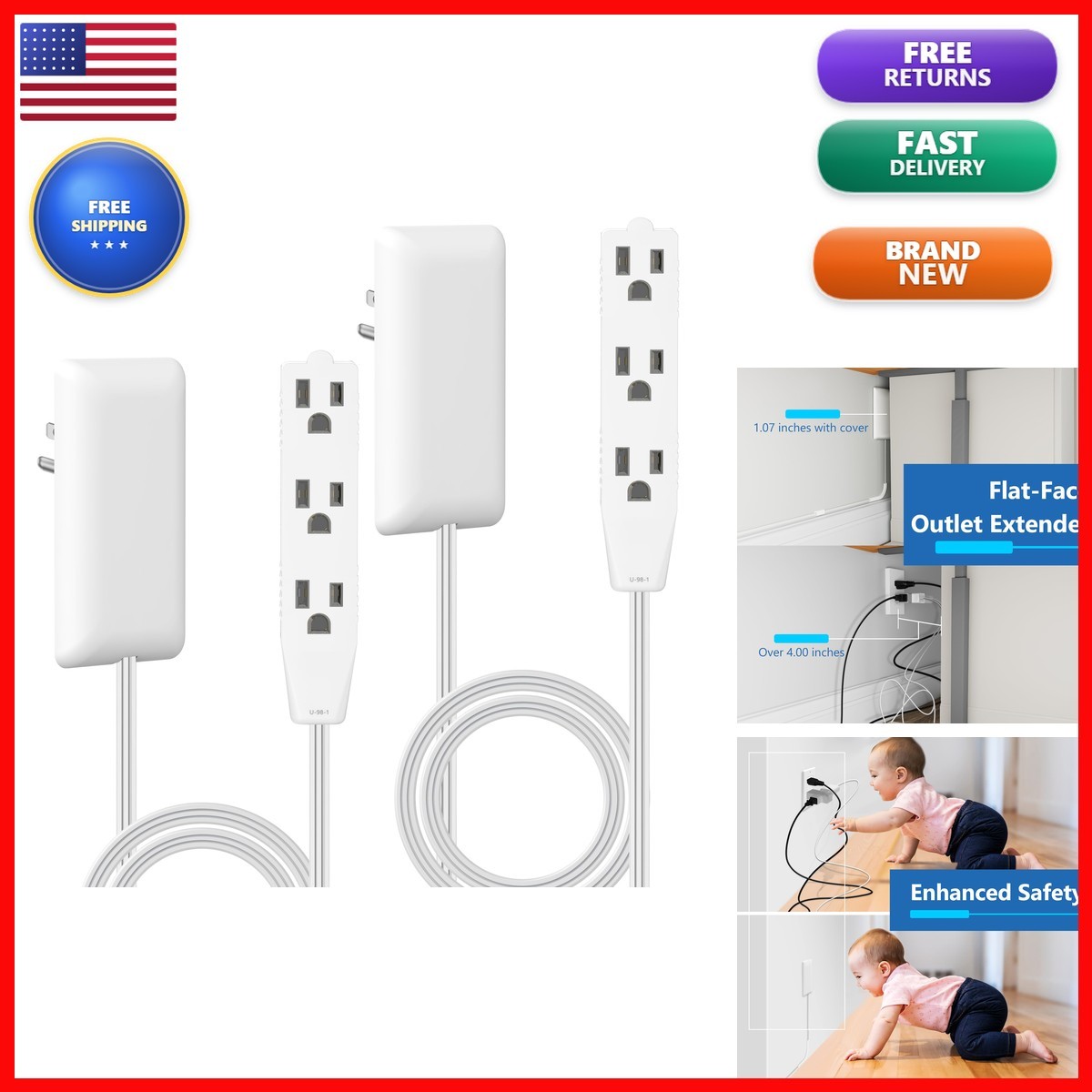 LIDER Flat-Face Outlet Extender 3 Receptacles 3ft Cord 1625W Ultra-Thin