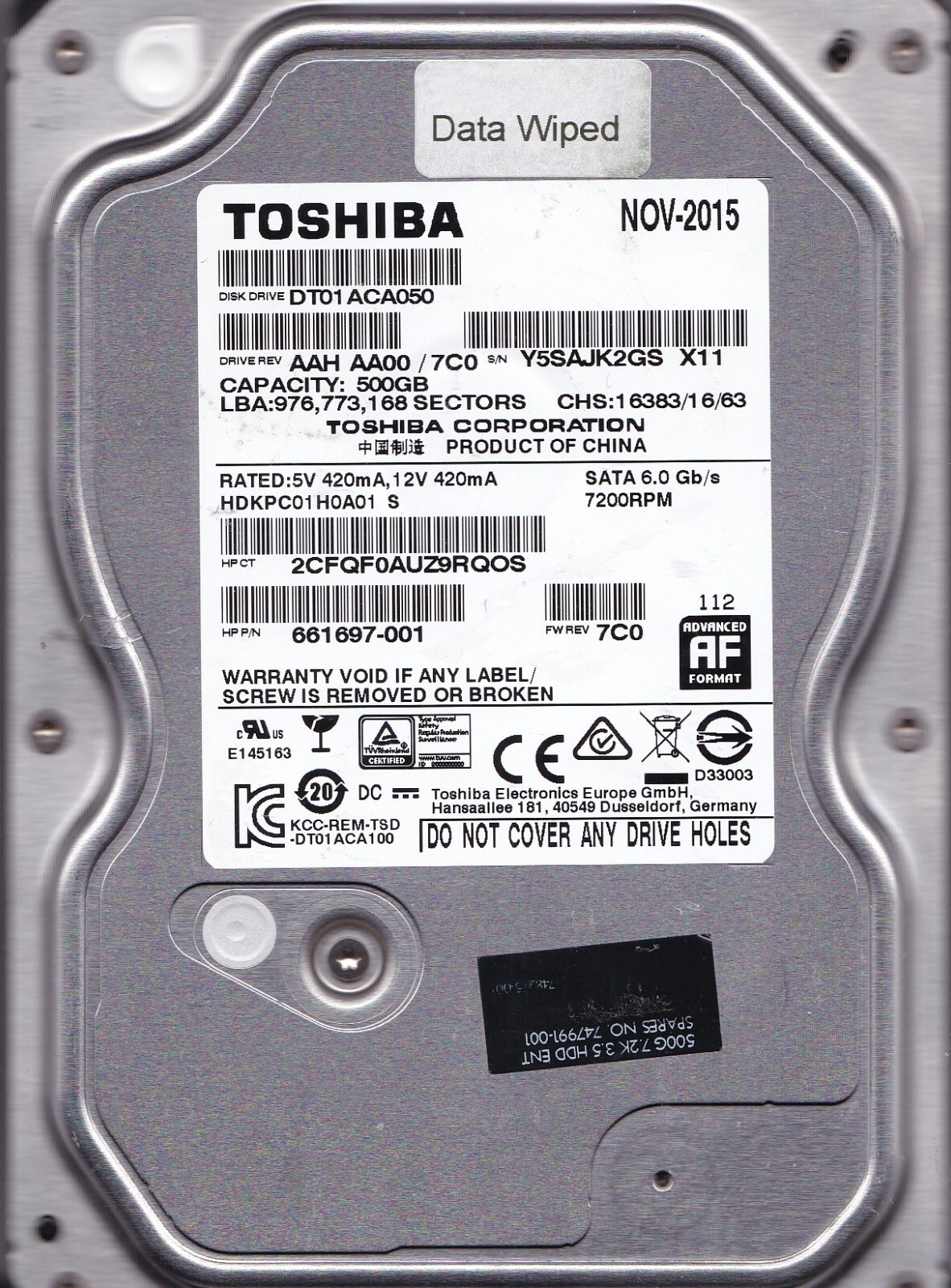 Toshiba DT01ACA050 AAHAA00 / 7C0 HDKPC01H0A01 S China NOV- 2015 500GB SATA 3.5"