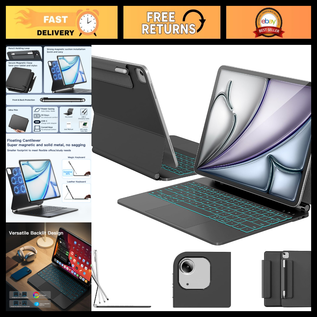 iPad Air 13 / Pro 12.9 Keyboard Case with Magnetic Floating Stand - Slim & Styli