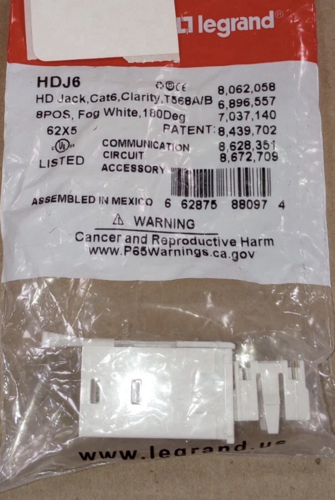 Legrand HDJ6 HD Jack, Cat, Clarity, T568A/B 8POS, Fog White