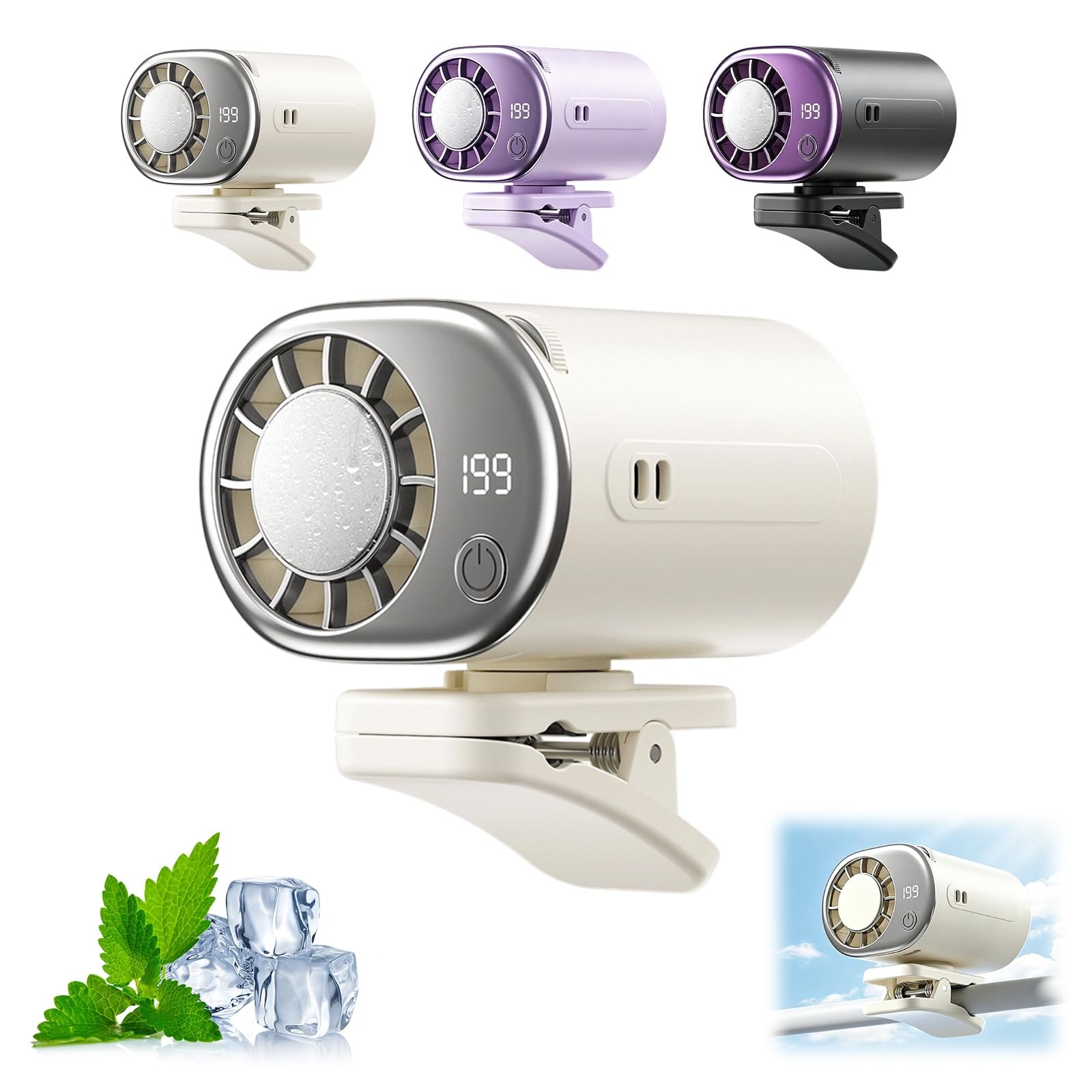 LONNIY 2026 New Car Clip on Air Conditioner Fan with LED Mini, White