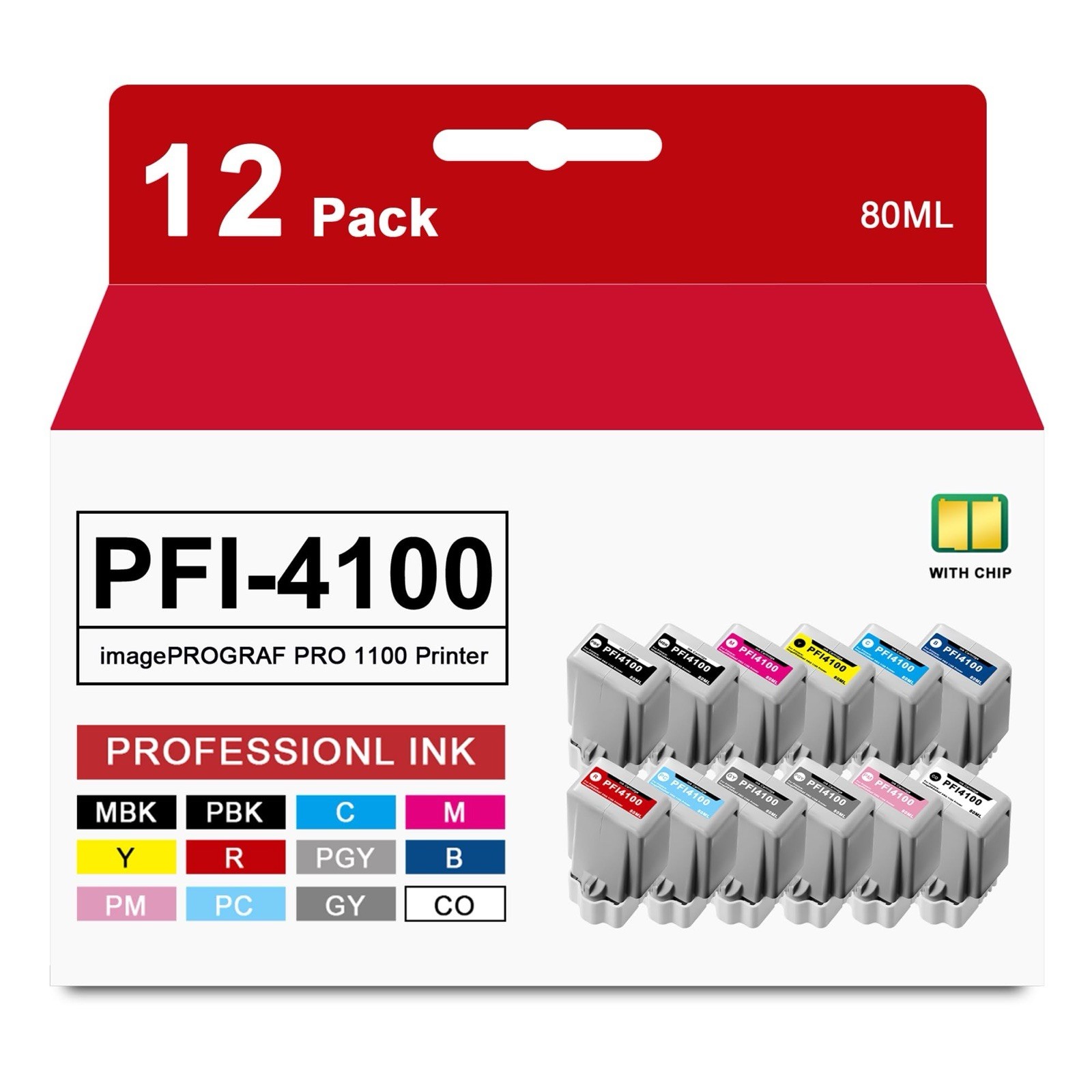 12-Pack High Capacity PFI-4100 80ml Pigment Ink Tank Set for Canon Pro 1100