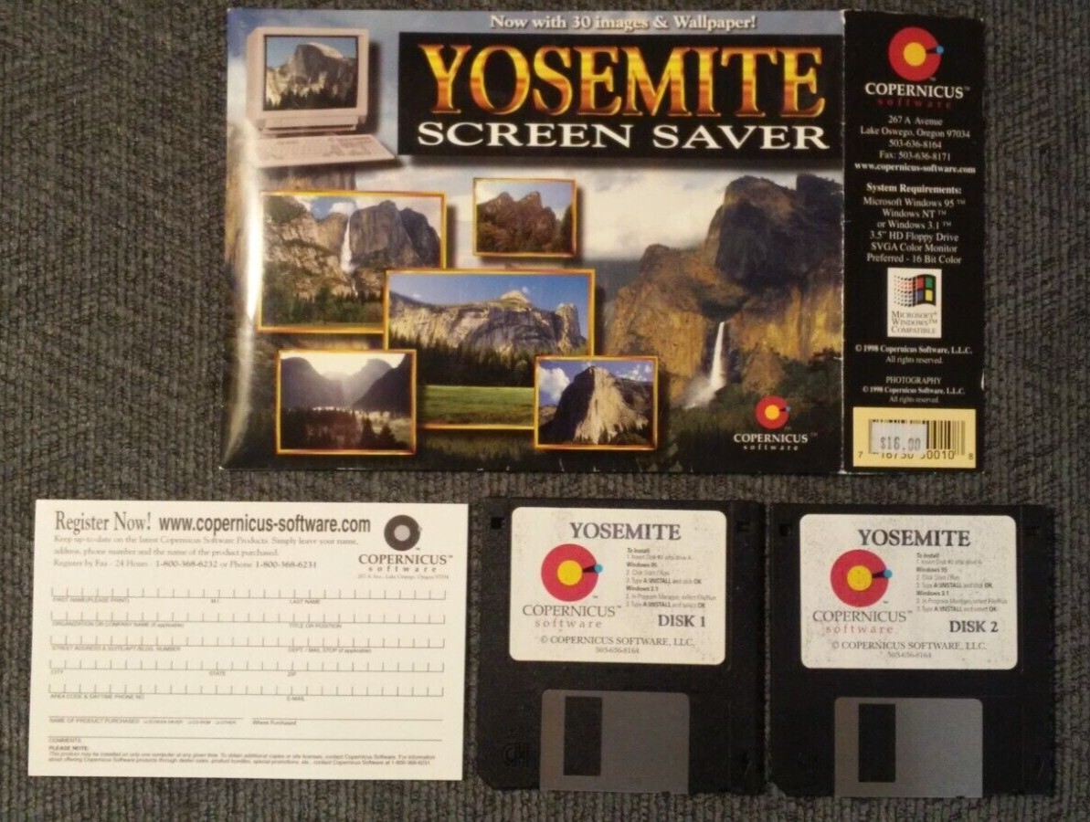 Yosemite Screen Saver, Copernicus Software, 1998, Vintage, 2 3.5" Floppy Disks