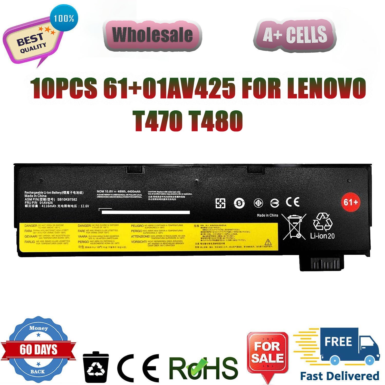 10PCS 61+ 01AV425 01AV424 BATTERY FOR LENOVO Thinkpad T470 T480 T570 P51S US