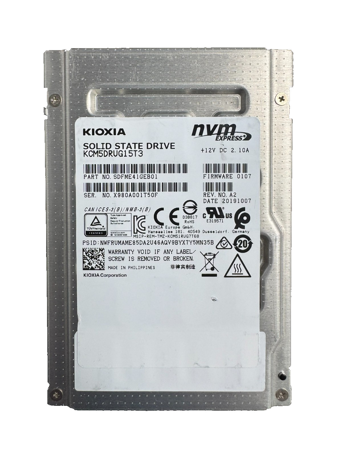 Toshiba KIOXIA 15TB 2.5" PCIe Gen3.0 x4 NVMe SSD/Low HOURS/Excellent HEALTH-98%