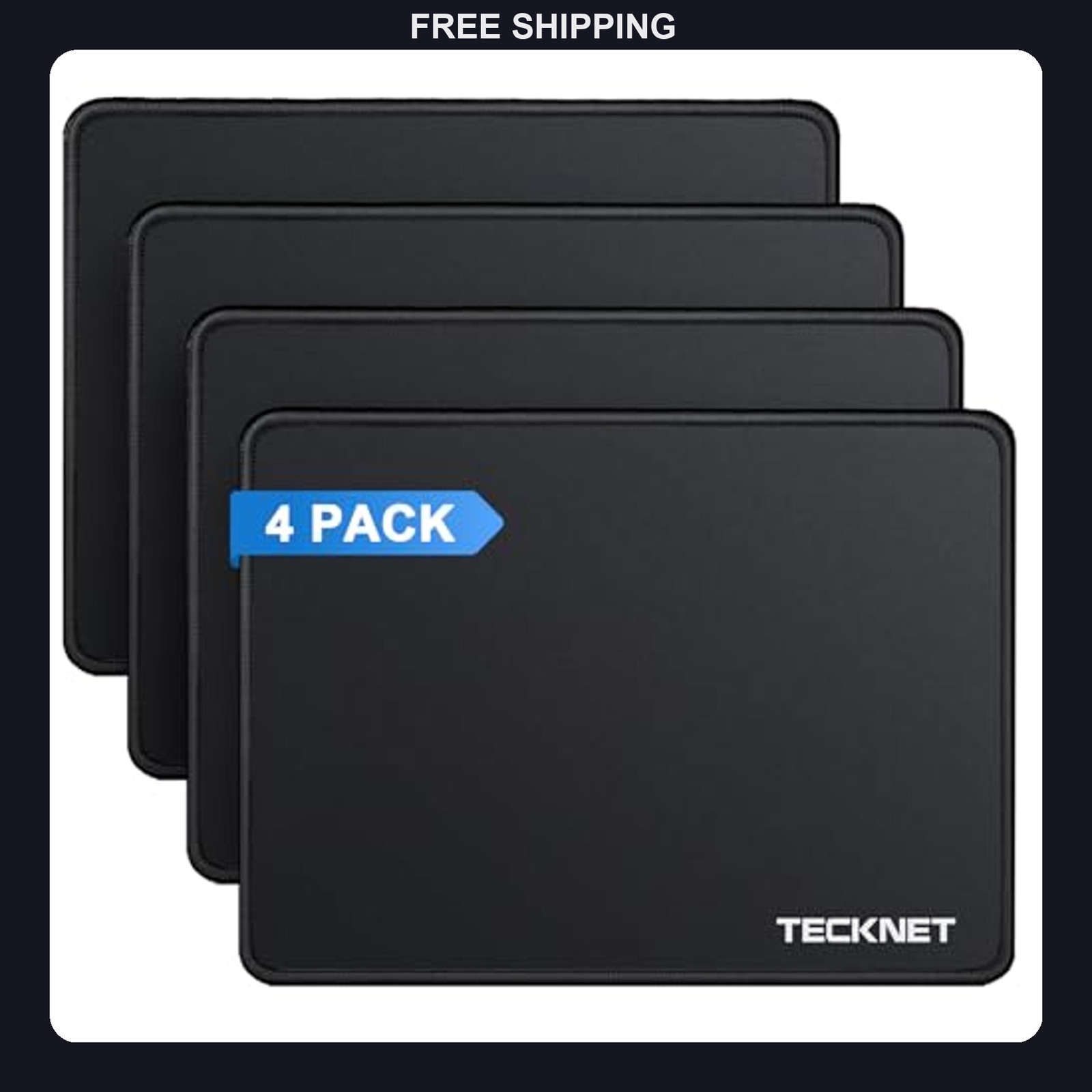 TeckNet Small Mouse Pad, 4 Pack, Anti-Fray Stitched Edge, Waterproof Black Mat