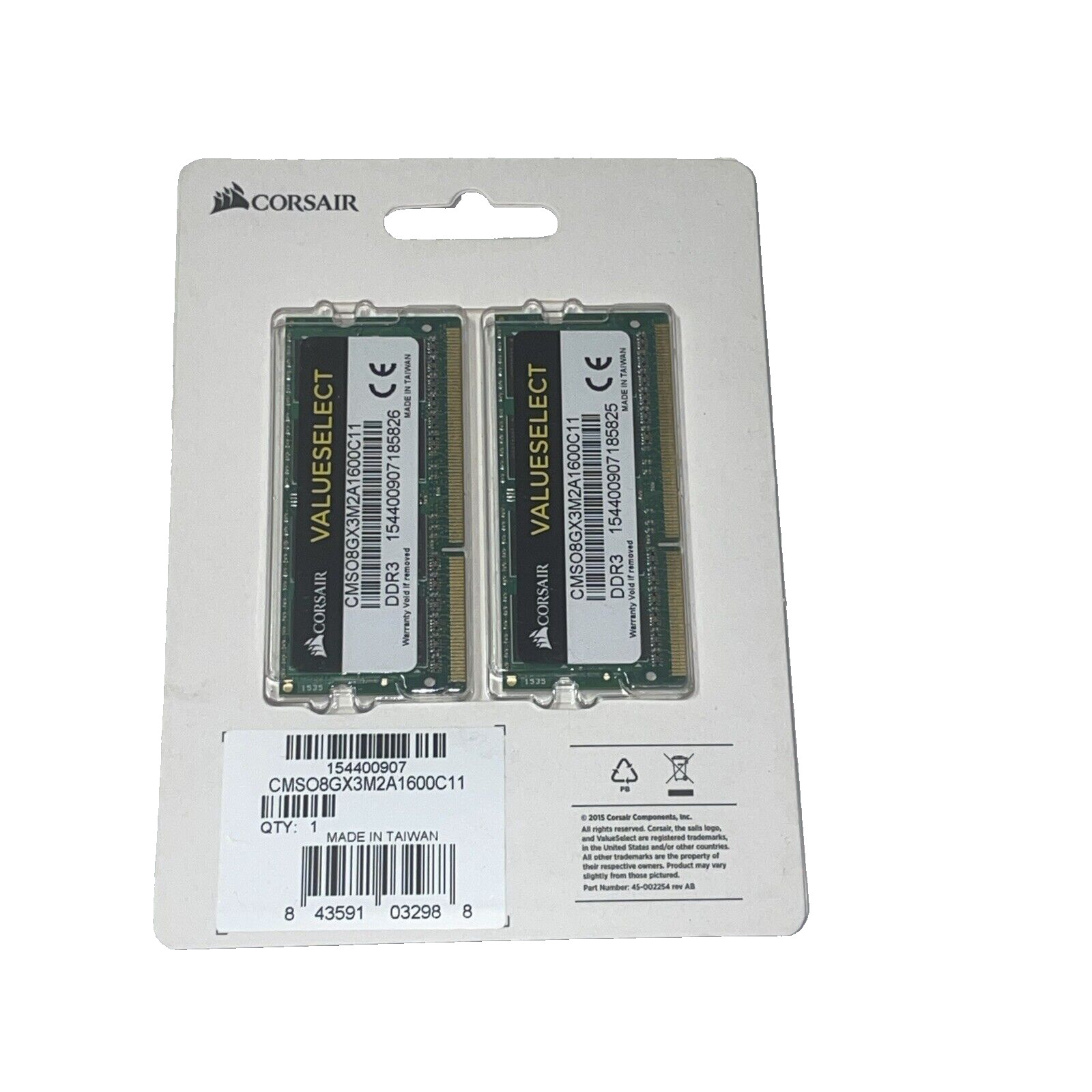8GB Kit (2x4GB) Corsair Valueselect CMSO8GX3M2A1600C11 RAM Laptop