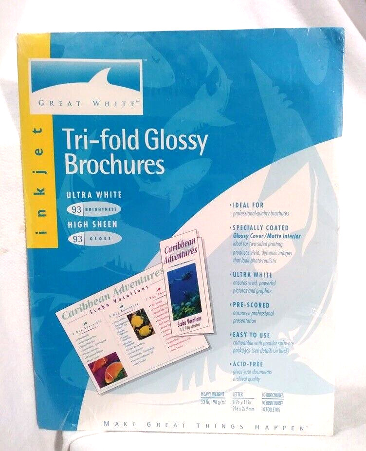 Great White Tri-fold Glossy Brochures Ultra White ~ 10 brochures ~ NEW