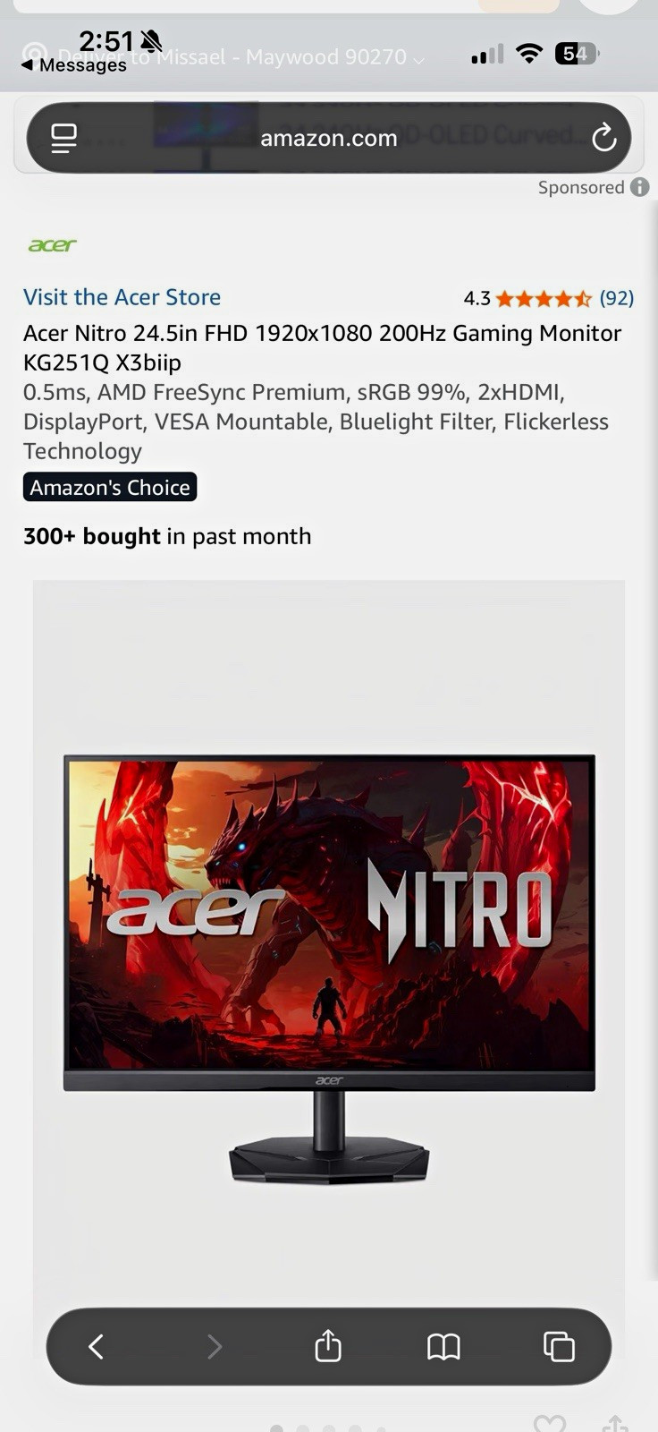 Acer Nitro KG251Q X3biip 24.5" FHD 200Hz 0.5ms FreeSync DP/HDMI VESA