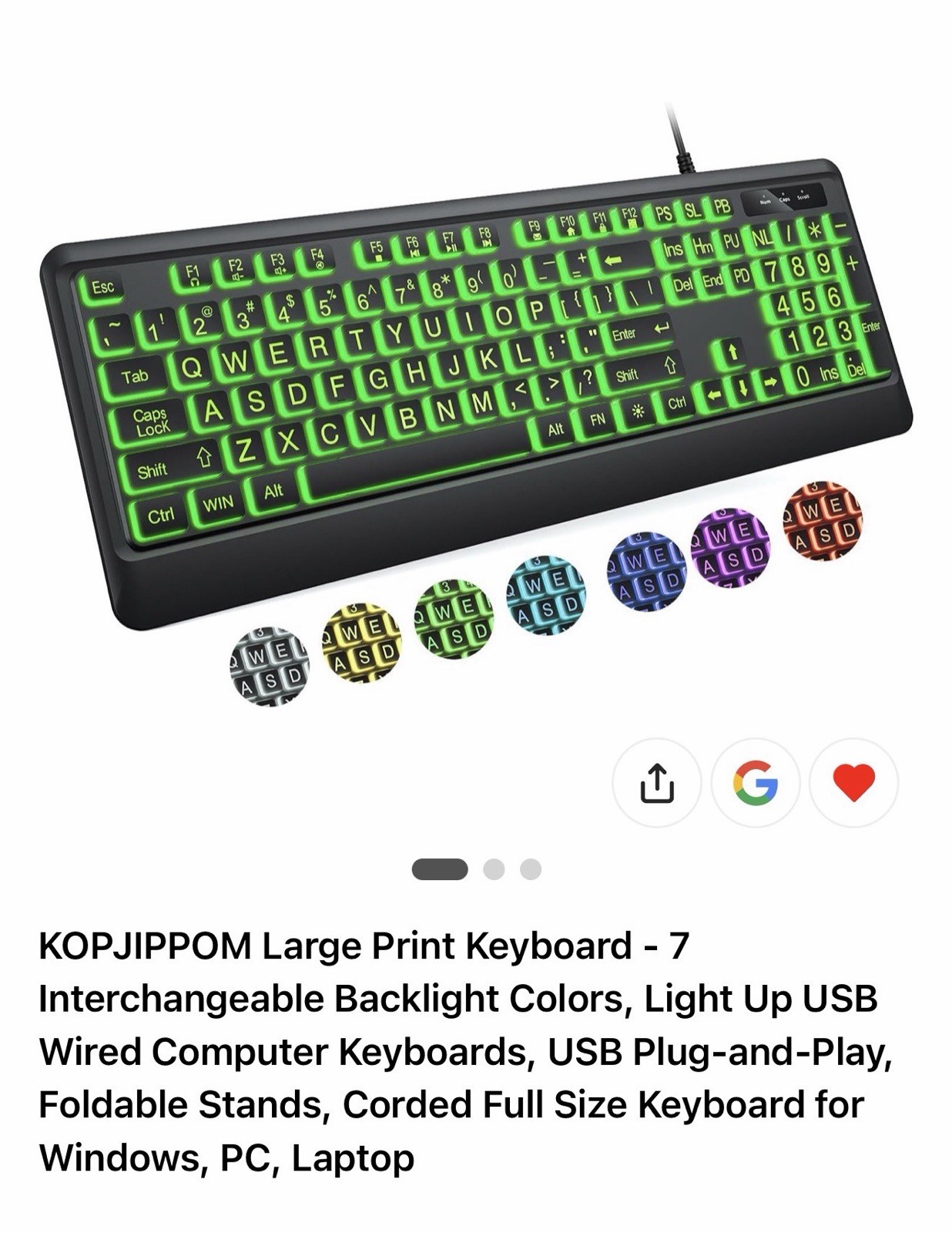 Kopjippom large print back lit keyboard, USB wired, computer, keyboard, full-siz