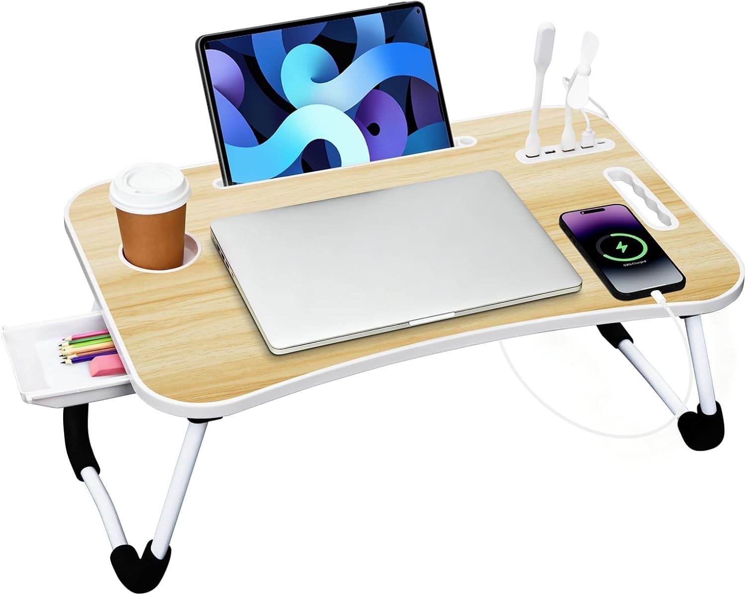 Mesa de cama para portátil, escritorio plegable para cama con puerto de carga US