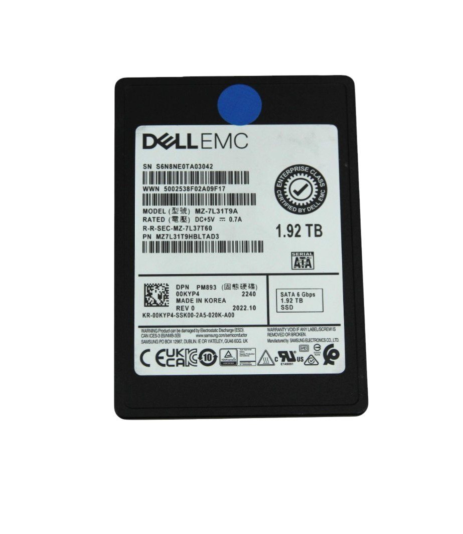 Dell Enterprise PM893 1.92TB SATA 6Gb/s RI 2.5" SSD 0KYP4 (90-99% Health)