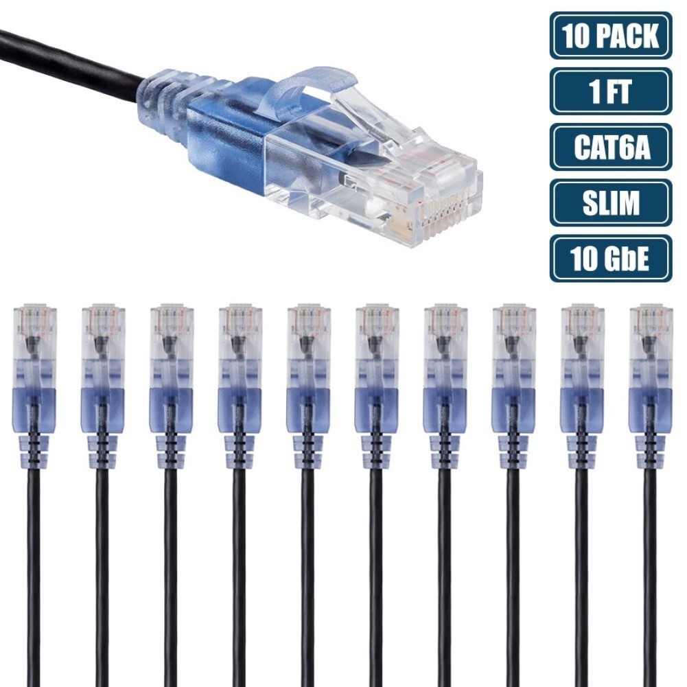 10x 1FT CAT6A Ethernet LAN Network Patch Cable Slim Cord RJ45 Router 30AWG Black