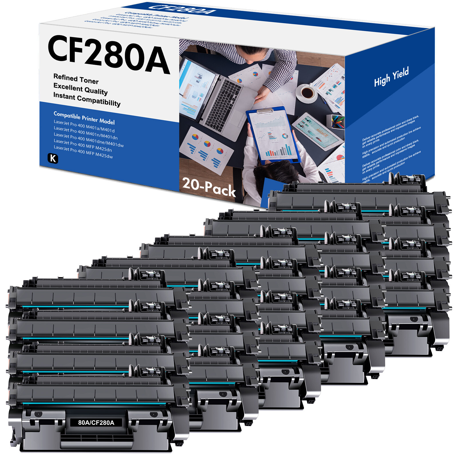 20PK CF280A 80A Toner Cartridge for HP LaserJet Pro 400 M401dn M401n M425dw INK