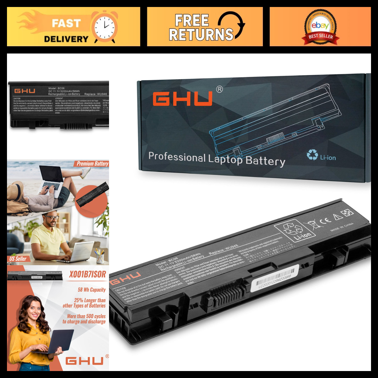 6-Cell 58Wh Laptop Battery Replacement for Dell Studio 1535 1536 1555 1557