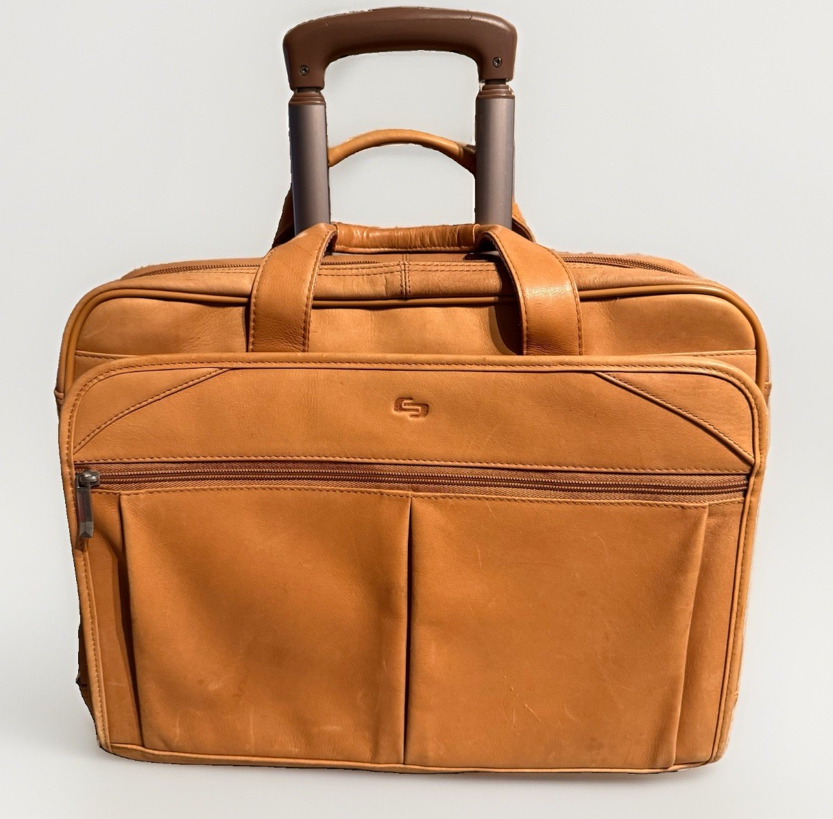 Solo New York Walker Brown Camel Leather Briefcase Laptop Rolling Travel Bag