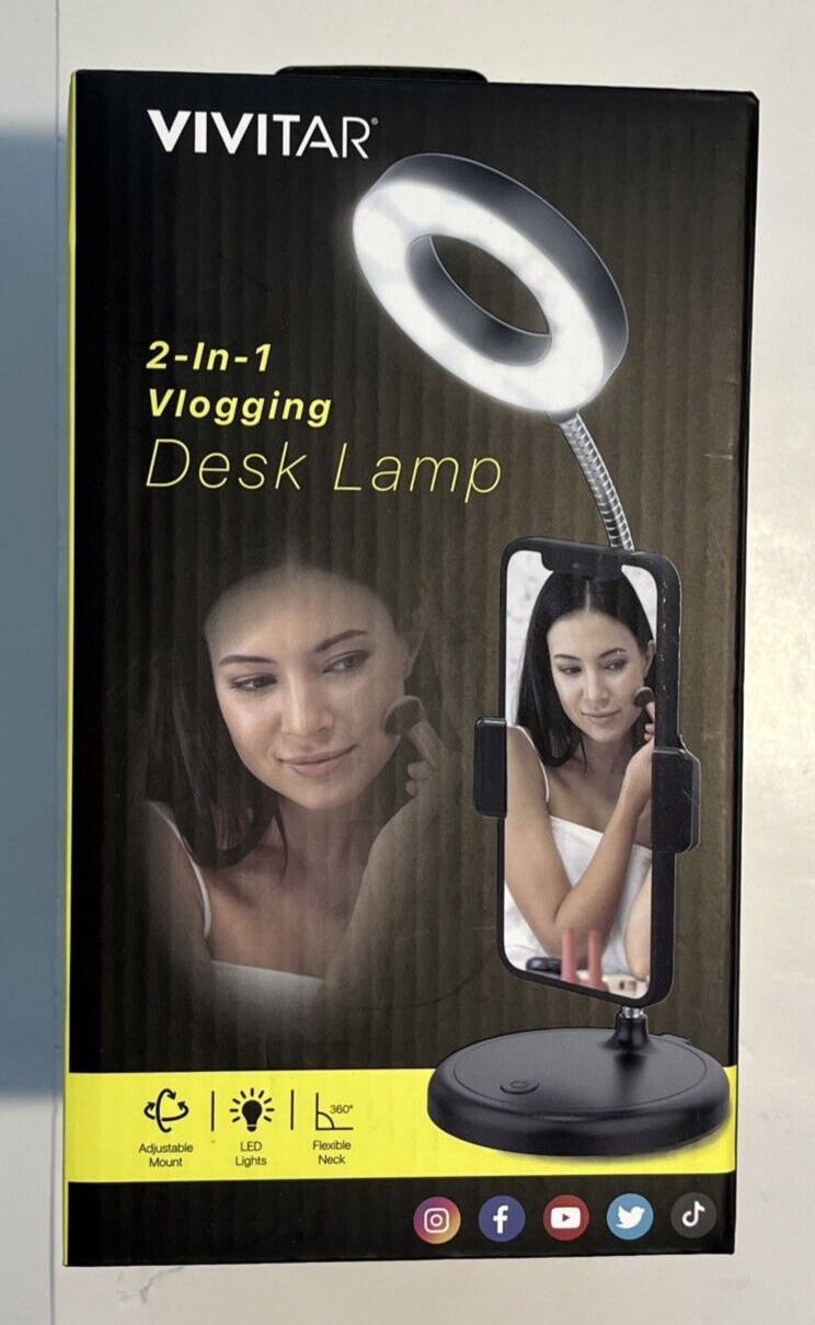 Vivitar 2 in 1 Vlogging Desk Lamp LED Ring Light Adjustable Phone Holder USB New