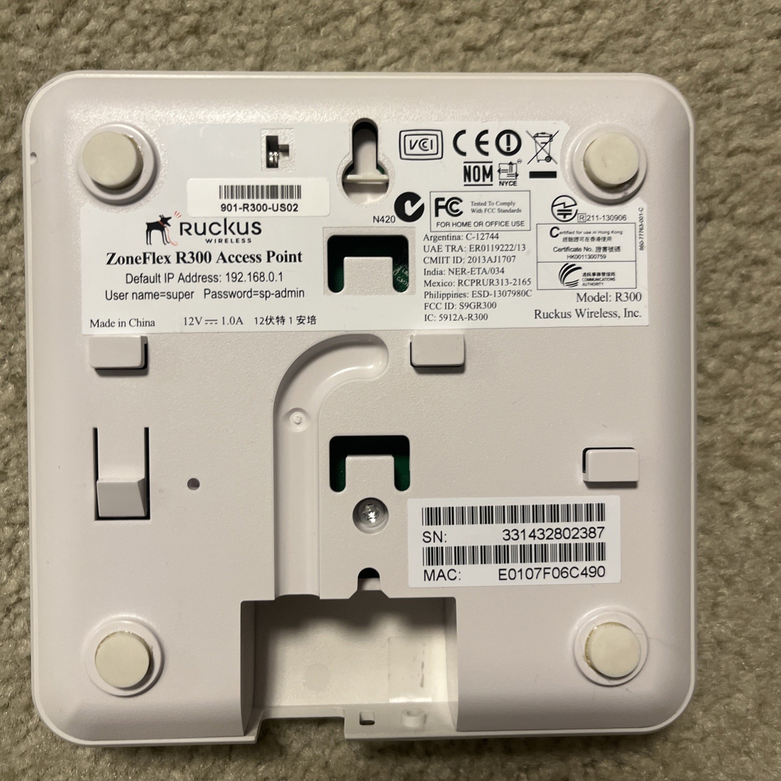 Ruckus ZoneFlex R300 Dual Band Indoor Access Point Power Supply 901-R300-US02